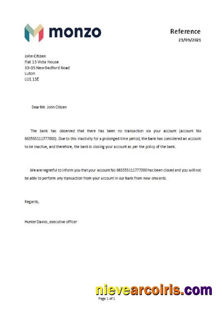 United Kingdom Monzo bank closure reference